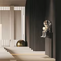 Modern Foyer Hallway Interior With Linear Panel Walls Ambient Lighting And Decorative Sculpture