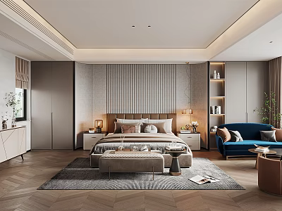 Modern Living Room Interior With Blue Sofa Gray Rug Wooden Floor and Bookshelf Decor 3d model