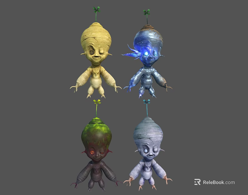 Colorful Cartoon Characters And Creatures With Green Sprouts On Heads And Unique Designs 3d model 
