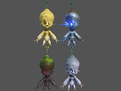 Colorful Cartoon Characters And Creatures With Green Sprouts On Heads And Unique Designs 3d model