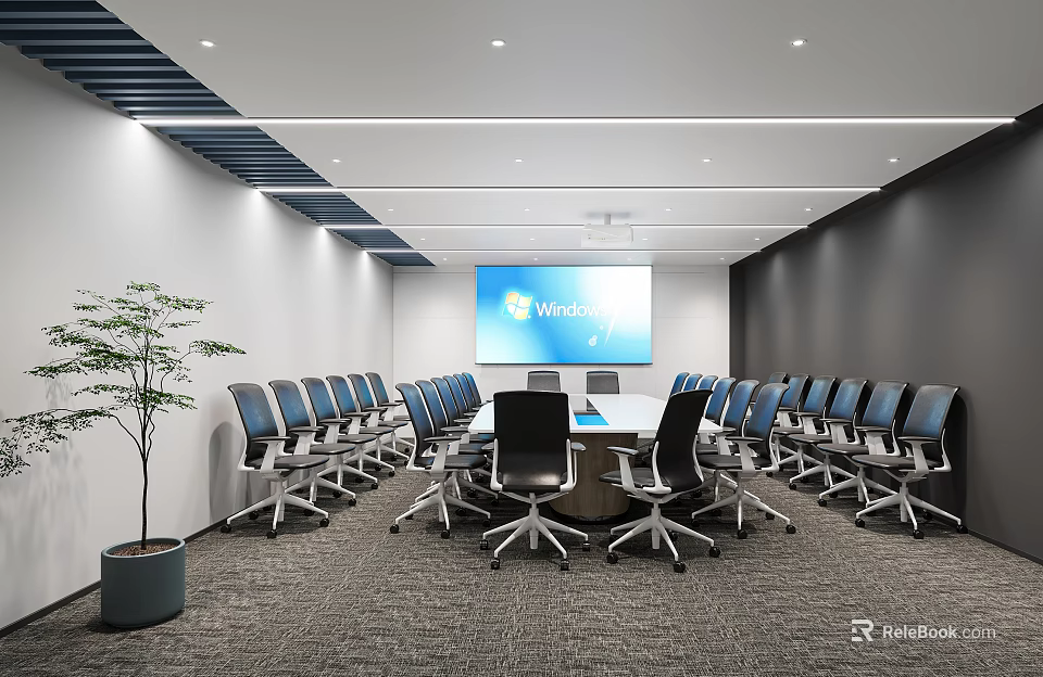 Modern Conference Room Interior With Large Digital Display Round Table Ergonomic Chairs And Potted Plant 3d model 