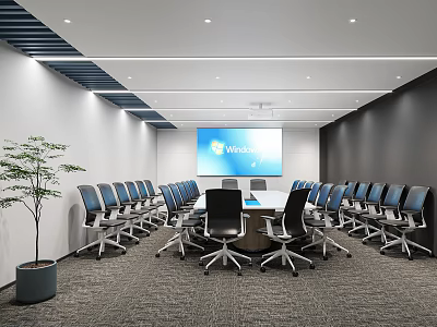 Modern Conference Room Interior With Large Digital Display Round Table Ergonomic Chairs And Potted Plant 3d model