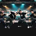 Energetic Group of Men Dancing on Stage with Bright Lights and Breakin Stars