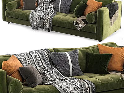 Green Velvet Sectional Sofa with Gray Orange Dark Green Throw Pillows and Patterned Throw Blanket 3d model