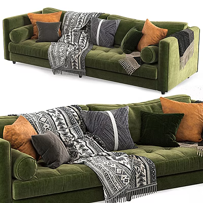 Green Velvet Sectional Sofa with Gray Orange Dark Green Throw Pillows and Patterned Throw Blanket 3d model
