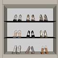Various Women's Shoes Displayed on Glass Shelves in Cabinet with Heels Flats and Colors