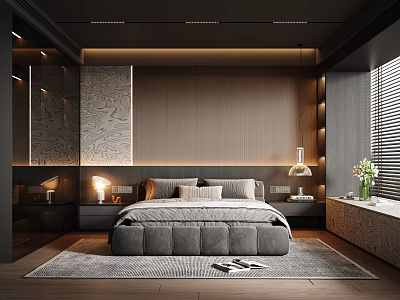 Modern Minimalist Bedroom with Wooden Accent Wall Gray Bed Bedside Lamps and Area Rug 3d model