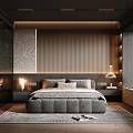 Modern Minimalist Bedroom with Wooden Accent Wall Gray Bed Bedside Lamps and Area Rug