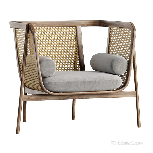 Comfortable Modern Leisure Chair With Wooden Frame Woven Backrest Armrests And Gray Cushion 3d model 