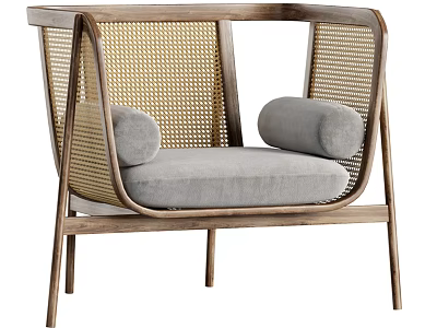 Comfortable Modern Leisure Chair With Wooden Frame Woven Backrest Armrests And Gray Cushion 3d model