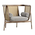 Comfortable Modern Leisure Chair With Wooden Frame Woven Backrest Armrests And Gray Cushion