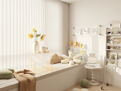 Cozy White Room Window Bench With Plush Pillows Sunflowers And Decorative Items 3d model