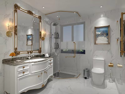 Elegant Luxury Marble Bathroom With Golden Accents Glass Shower Enclosure And Classic White Vanity Cabinet 3d model