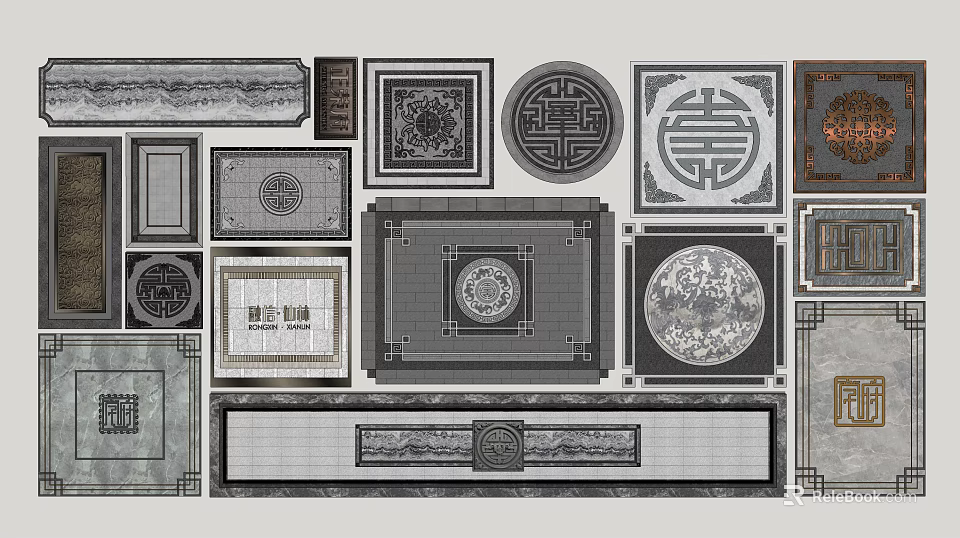 Traditional Chinese Style Floor Tiles With Various Patterned Designs And Shapes 3d model 