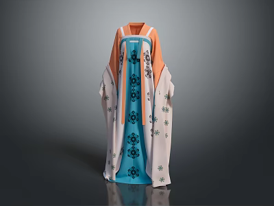 Woman Wearing Traditional Blue And White Dress With Floral Patterns And Wide Sleeves 3d model