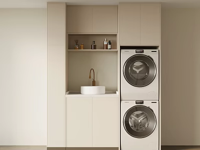 Laundry Room Interior With Stacked Washer Dryer Sink And Cabinets 3d model