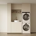 Laundry Room Interior With Stacked Washer Dryer Sink And Cabinets