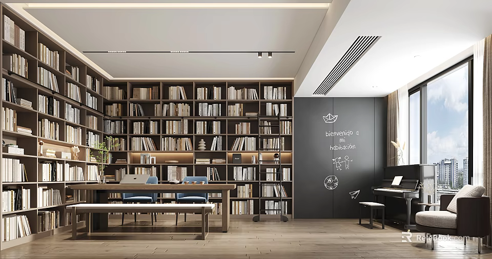 Modern Study Room With Full Wall Bookshelves Desk Piano And Chalkboard Wall 3d model 