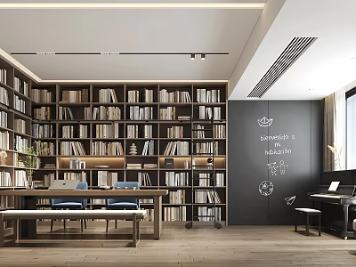 Modern Study Room With Full Wall Bookshelves Desk Piano And Chalkboard Wall 3d model