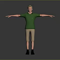 Man Standing With Arms Outstretched In Green Polo Shirt And Khaki Shorts Against Gray Background