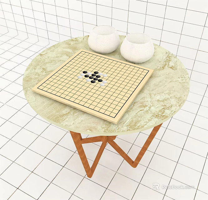 Board Game Entertainment Go Board Black White Stones On Round Marble Table With Wooden Legs 3d model 