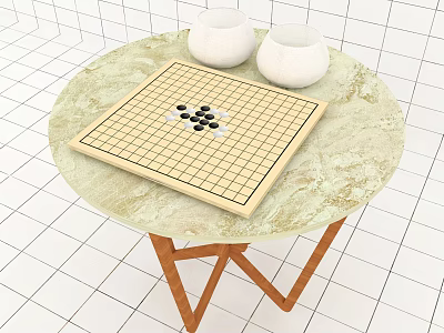 Board Game Entertainment Go Board Black White Stones On Round Marble Table With Wooden Legs 3d model