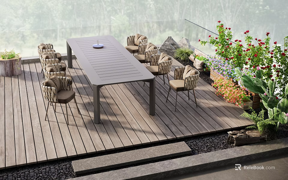 Wooden Deck With Long Table Wicker Chairs Green Plants Flowers And Glass Railing 3d model 