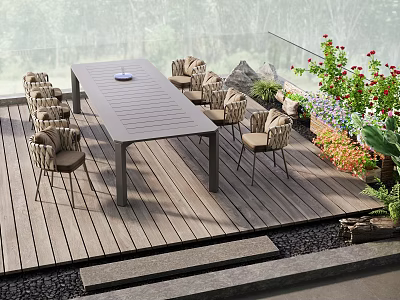 Wooden Deck With Long Table Wicker Chairs Green Plants Flowers And Glass Railing 3d model