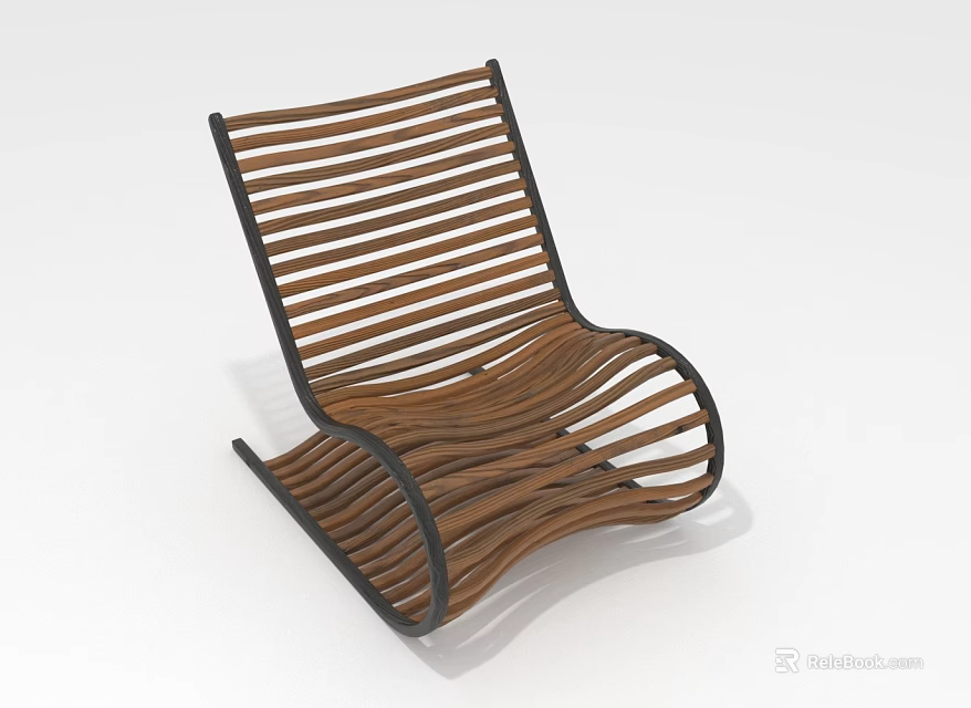 Woven Wooden Strip Chair With Curved Structure And Black Frame Design 3d model 