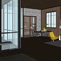 Modern Homestay Building with Black Tiled Roof Glass Windows Wooden Structure and Glass Railing Balcony