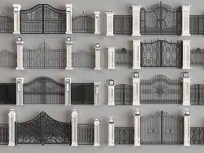 Various Black And White Wrought Iron Gates With Ornate Patterns Decorative Pillars And Railings 3d model