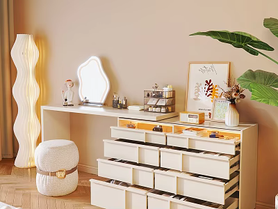Modern Dressing Table Interior Design With Storage Drawers Mirror Stool And Leafy Plant 3d model