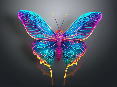 Colorful Flying Butterfly With Vibrant Detailed Wings And Dark Background Reflection 3d model