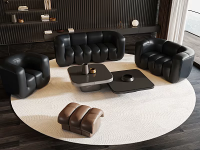 Black Leather Sofa Coffee Table Set With Round Rug And Brown Ottoman 3d model