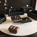 Black Leather Sofa Coffee Table Set With Round Rug And Brown Ottoman 3d model