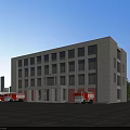 Modern Office Building With Gray Exterior Large Glass Windows Red Fire Trucks Near Open Plaza