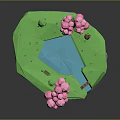 Floating Fantasy Island With Green Grass Pink Trees Blue Pond Waterfall And Floating Rocks