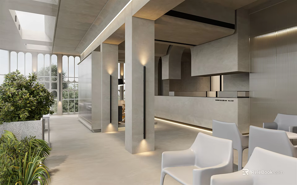 Modern Reception Desk Interior With Large Windows White Chairs Green Plants And Minimalist Design 3d model 