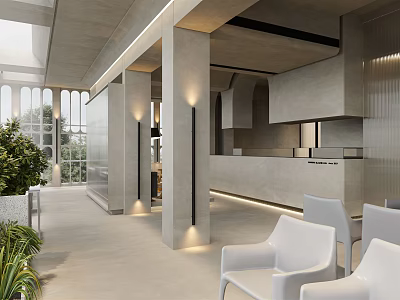 Modern Reception Desk Interior With Large Windows White Chairs Green Plants And Minimalist Design 3d model