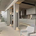 Modern Reception Desk Interior With Large Windows White Chairs Green Plants And Minimalist Design