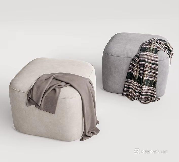Beige and Gray Upholstered Ottomans With Soft Blanket and Plaid Throw 3d model