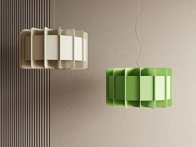 Unique Shaped Pendant Lights In Beige Green Tones Against Neutral Wall 3d model