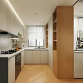 Modern Kitchen Interior With White Cabinets Black Oven Gas Stove Sink And Wooden Floor