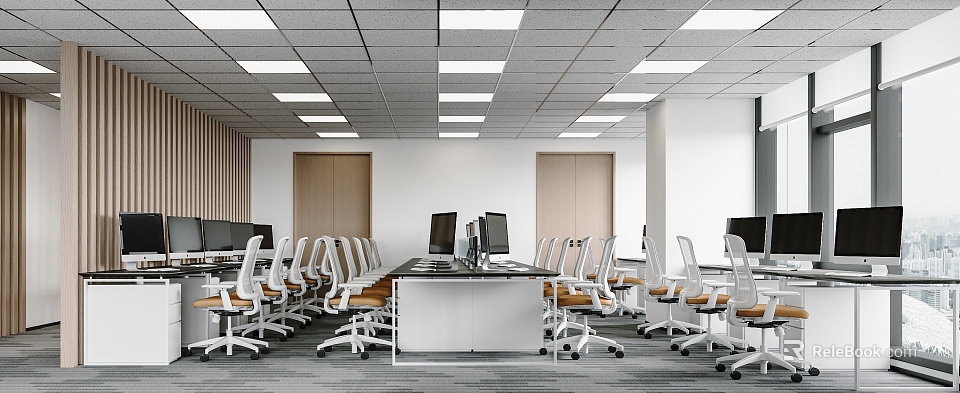 Modern Public Office Space Featuring Neat Office Chairs Long Desks Computer Monitors and Ceiling Lights 3d model 