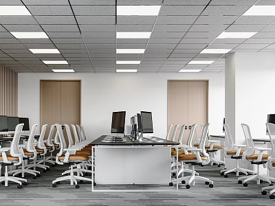 Modern Public Office Space Featuring Neat Office Chairs Long Desks Computer Monitors and Ceiling Lights 3d model