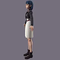 Blue haired woman in black jacket white dress purple belt black boots gray background