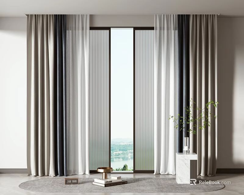 Modern Window Curtains With Sheer Drapes And Elegant View In Stylish Interior Room 3d model 