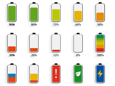 Battery Charge Level Icons With Different Percentages And Color Status Indicators 3d model