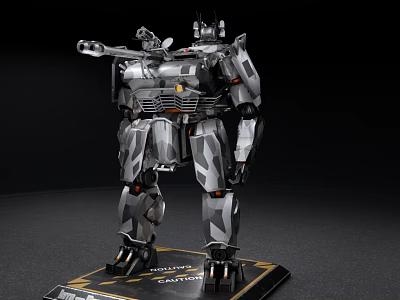 Smart Machine Robot With Silver Gray Mechanical Structure Weapon Equipment Black Base And Golden Text 3d model