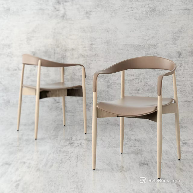 Two Modern Armchairs With Brown Leather Upholstery And Light Wooden Frame Against Gray Wall 3d model 